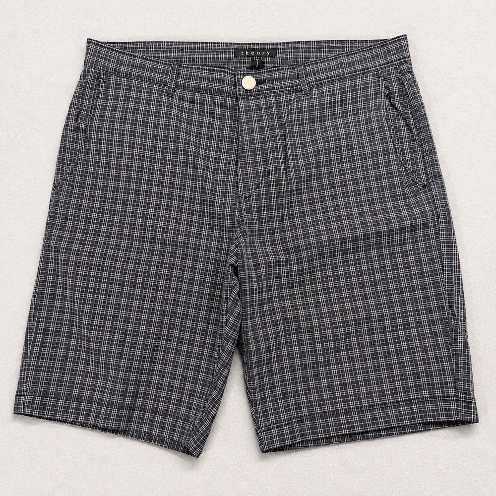 Theory Mens Plaid Button Fly Shorts Navy Blue White Size 33 Flat Front Casual